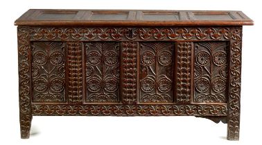 A 17TH CENTURY PANELLED JOINED OAK COFFER