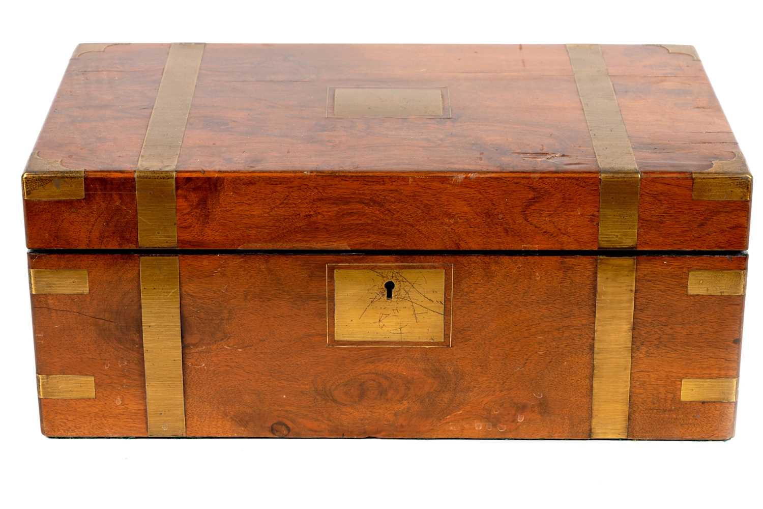 A 19TH CENTURY BRASS BOUND WALNUT WRITING BOX