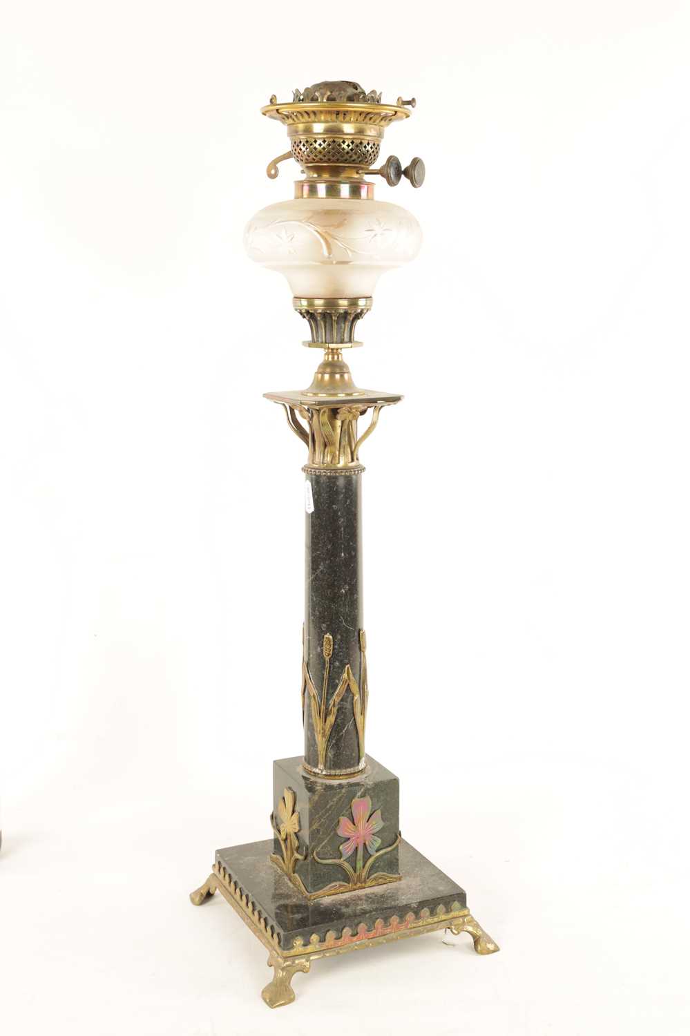 A LATE 19TH CENTURY FRENCH ORMOLU MOUNTED VERDE GREEN MARBLE OIL LAMP - Image 7 of 8