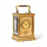 A LATE 19TH CENTURY FRENCH GILT BRASS LIMOGES ENAMEL REPEATING CARRIAGE CLOCK