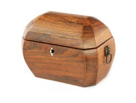 A REGENCY ROSEWOOD AND BOXWOOD INLAID BOMBE SHAPED TEA CADDY