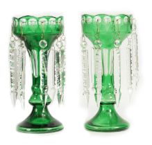A PAIR OF 19TH CENTURY GREEN AND CLEAR GLASS LUSTRES