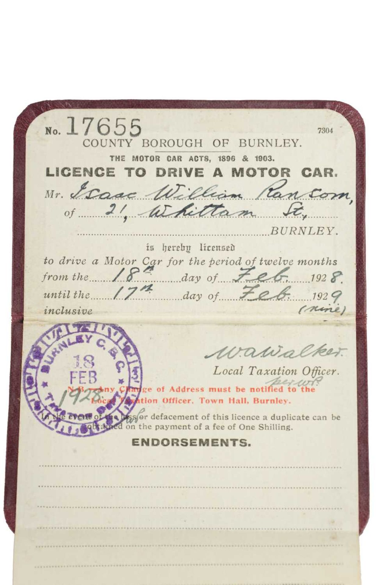 AN ORIGINAL 1928 COUNTY BOROUGH OF BURNLEY DRIVING LICENSE - Image 2 of 4