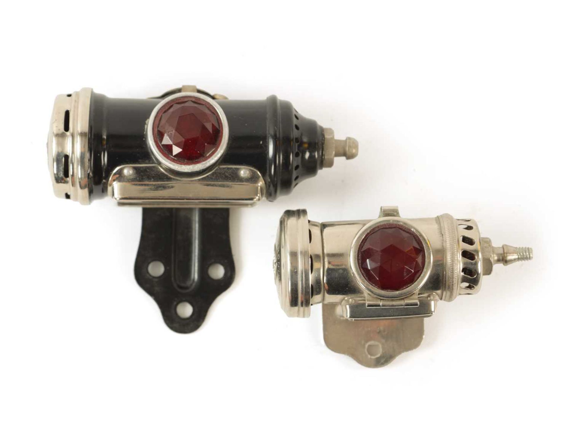 A JOSEPH LUCAS CHROMED CYCLE REAR LIGHT NO.344 AND ANOTHER BLACK AND CHROME EXAMPLE