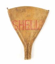 A 1920S OR PROBABLY EARLIER SHELL FOLD FLAT CANVAS OIL FUNNEL