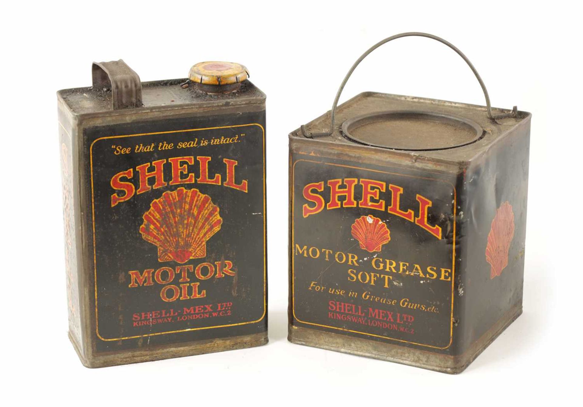 AN EARLY SHELL MOTOR GREASE CAN AND MOTOR OIL CAN