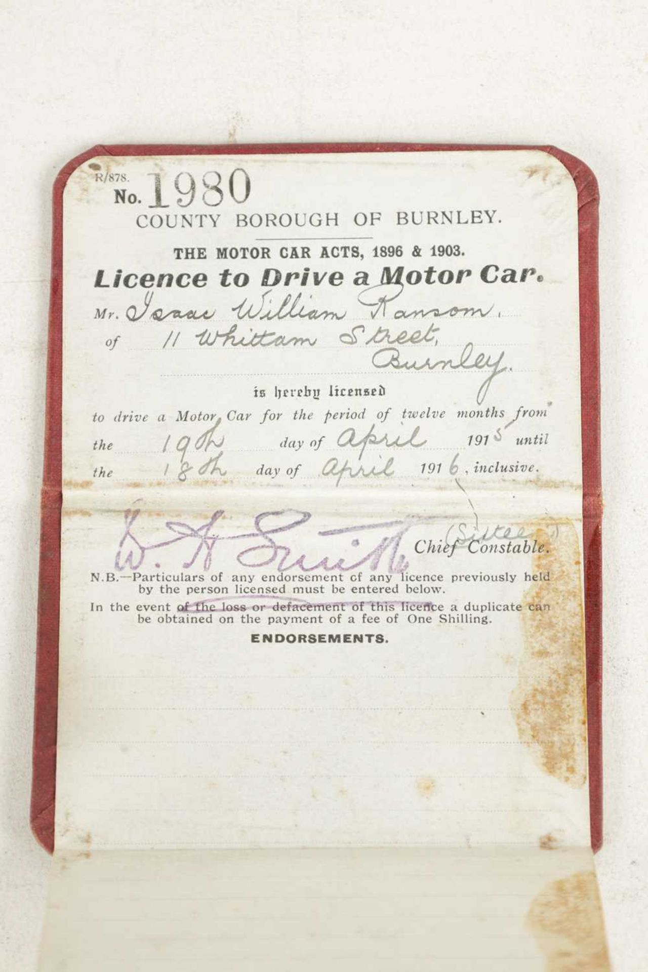 AN ORIGINAL 1915 COUNTY BOROUGH OF BURNLEY DRIVING LICENSE - Image 2 of 4