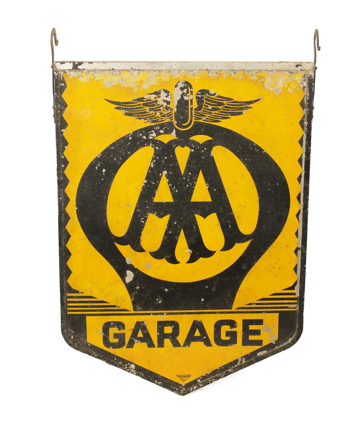 AN 'AA GARAGE' DOUBLE SIDED ENAMEL HANGING SIGN BY 'FRANCO SIGNS'