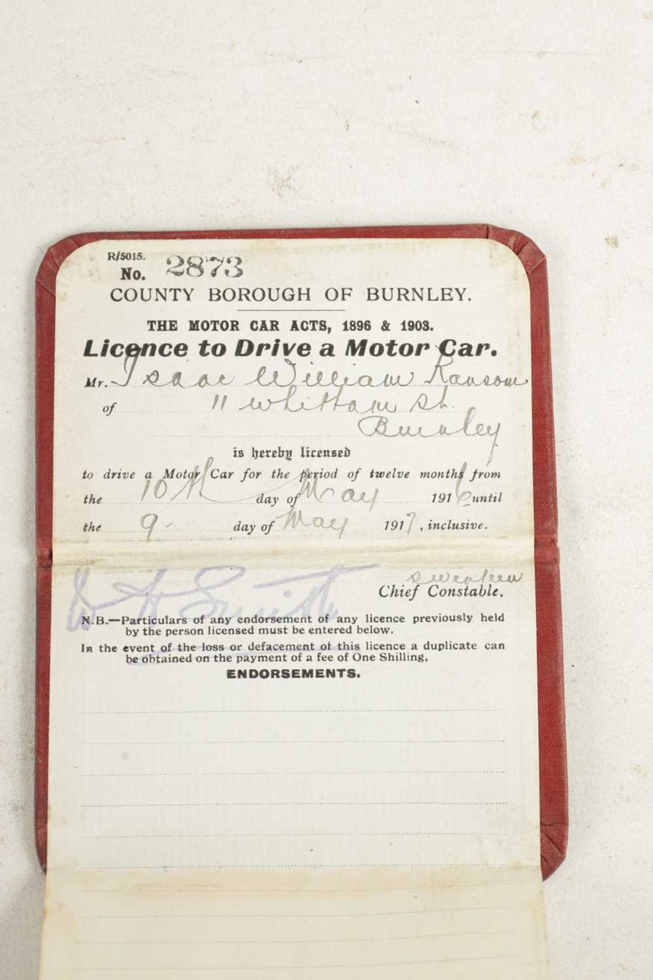 AN ORIGINAL 1916 COUNTY BOROUGH OF BURNLEY DRIVING LICENSE - Image 3 of 4