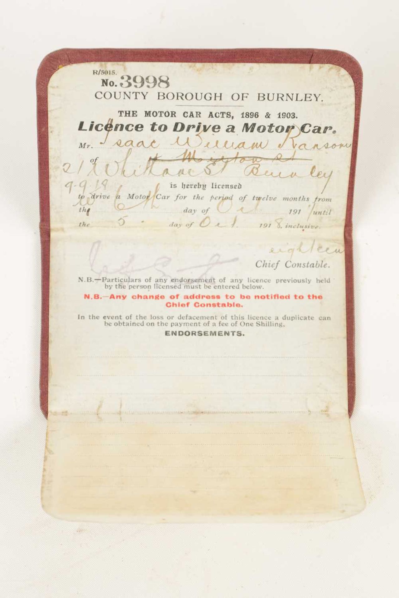 AN ORIGINAL 1909 COUNTY BOROUGH OF BURNLEY DRIVING LICENSE - Image 2 of 5