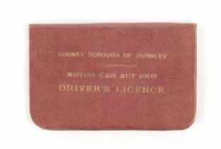 AN ORIGINAL 1909 COUNTY BOROUGH OF BURNLEY DRIVING LICENSE