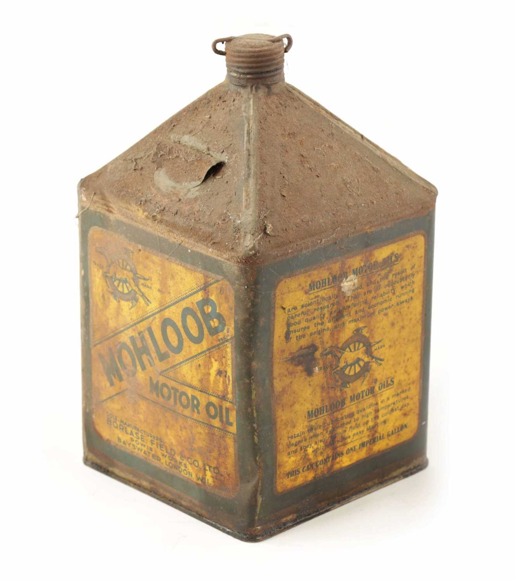 AN EARLY MOHLOOB MOTOR OIL PYRAMID CAN