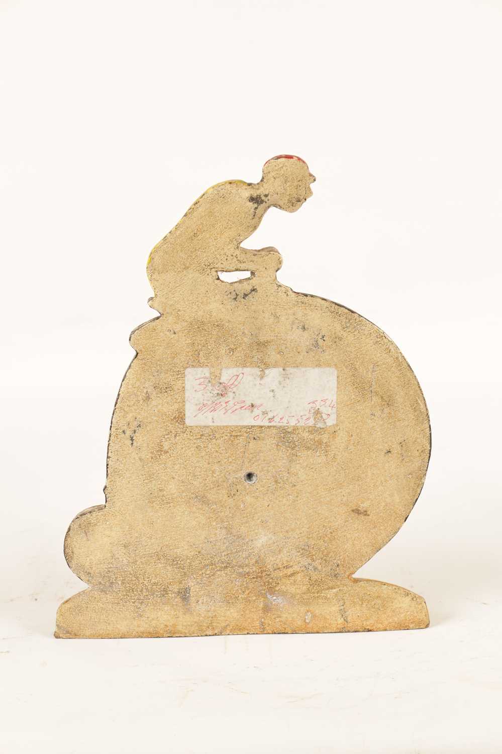 A RARE 19TH CENTURY CAST IRON PAINTED DOORSTOP FORMED AS A CYCLIST MOUNTED ON A PENNY FARTHING - Image 6 of 6