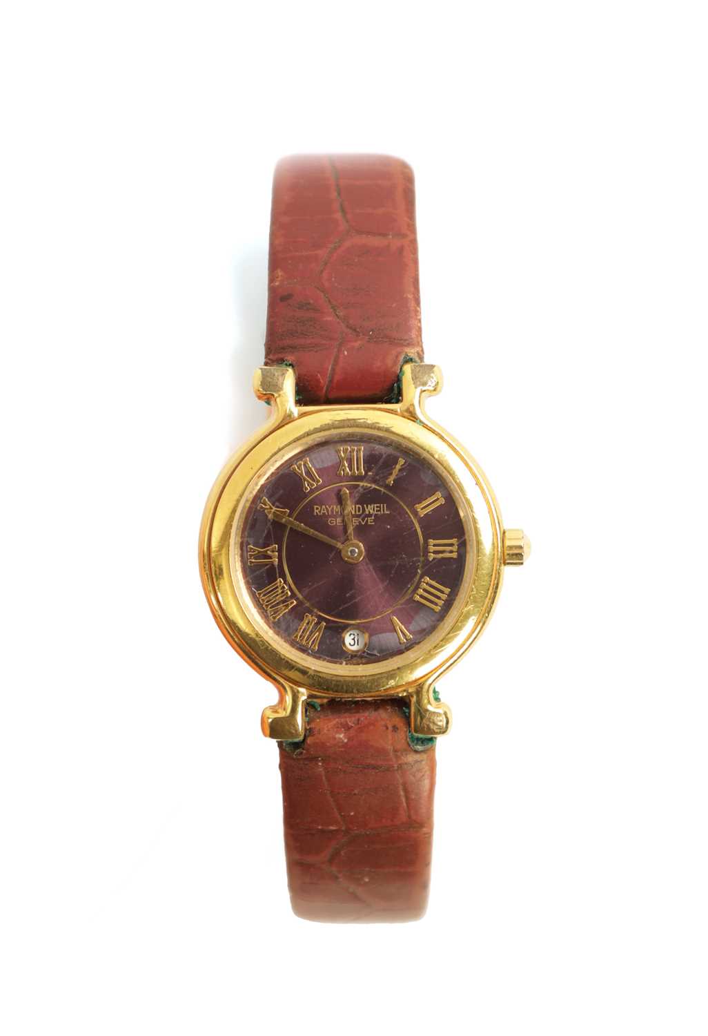 A RAYMOND WEIL 18CT GOLDPLATED LADIES WATCH PURPLE DIAL MODEL 9936