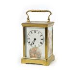 A FRENCH PORCELAIN PANELLED CARRIAGE CLOCK TIMEPIECE