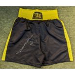 Pair of Black and yellow waistband Everlast boxing trunks signed by Sugar Ray Leonard Certificate of