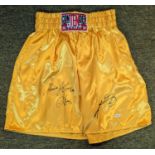 Yellow Contender Boxing shorts signed by Ray Leonard & Thomas Hearns certificate included -