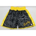 Black & Yellow, Sylvester Stallone Signed Boxing shorts, "Rocky" COA MGM Authentic signings inc.
