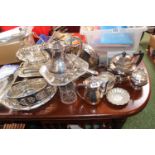 Collection of 19thC Silver plated Tableware inc. Tazza, table centrepieces, Tea Set etc