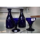 Pair of 19thC Bristol Blue glass Carafes and a Pair of Glasses