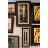 Framed Carved African figures and another Figural group cased