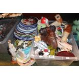 Box of assorted ceramics inc. Pair of Lion figures, Floral garnitures etc