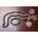 Edwardian Silver Watch chain with Silver Fob, Silver engraved coin and a Silver Turquoise set