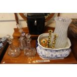 3 Edwardian Decanters, Blue & White Footbath, Pair of Brass candlesticks and assorted bygones
