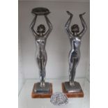 Pair of Art Deco Chrome Nude figures holding fruit basket, mo9unted on Onyx bases 36cm in Height