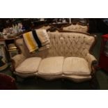 Walnut framed show frame 3 piece sofa suite with button back upholstery