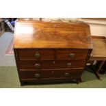 Georgian Mahogany Fall front bureau with fitted interior over 4 drawers with brass drop handles