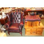 Pair of Ox Blood Leather button back Chesterfield Elbow chair with matching footstool