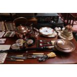 Collection of assorted 19thC and Later Bygones inc. Copper Kettles, 3 Pot Lids, Flatware etc