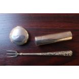 Ladies Cylindrical Silver travelling perfume bottle, Circular Silver Pill Pot and a White Metal