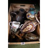 Collection of assorted Ceramics and bygones inc. Gouda Floral decorated Vase, Copper Ale Jug etc