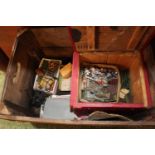 Collection of Lead Figures and Children's Toys etc in a Vintage Wooden box A E & A C Morton