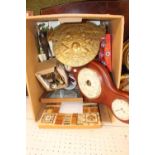 Box of assorted Bygones to include Milner's Patent Safe Plaque, Barometer, Pictures etc