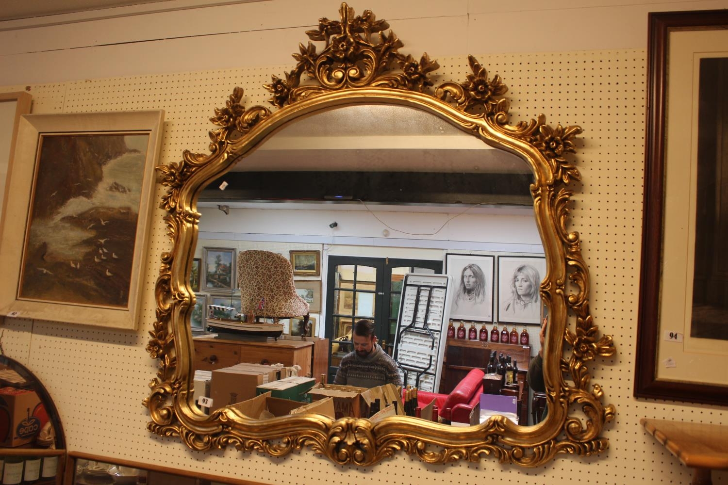 Large Gilt Gesso framed over mantel mirror with floral decoration