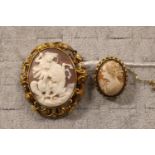 Large 19th Yellow metal carved Cameo and another Cameo brooch Pendant
