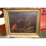 18thC Gilt framed Oil on board Dutch School interior scene unsigned 48 x 38cm