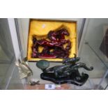 Bronzed figure of a Dragon, Resin figure of horses and 2 Brass figure of fish