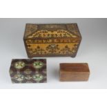 Tea Caddy, Wooden Money Box & Jewellery Box. Sarcophagus shaped highly decorative inlaid tea caddy