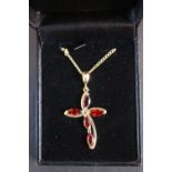 Ladies 14ct Gold Almandine Garnet set Cross pendant on chain. Set of Five Marquise cut stones. 6.
