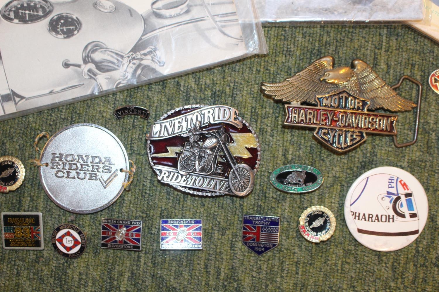 Collection of assorted Motorcycle related items inc,. Ephemera, Air Fix Model, Badges, Belt Buckles. - Image 4 of 5