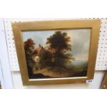 Oil on canvas with label to reverse G Armfield, figural Landscape and a Gilt gesso frame