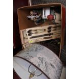 Box of assorted French Cutlery, Table Lamp and assorted Ceramics