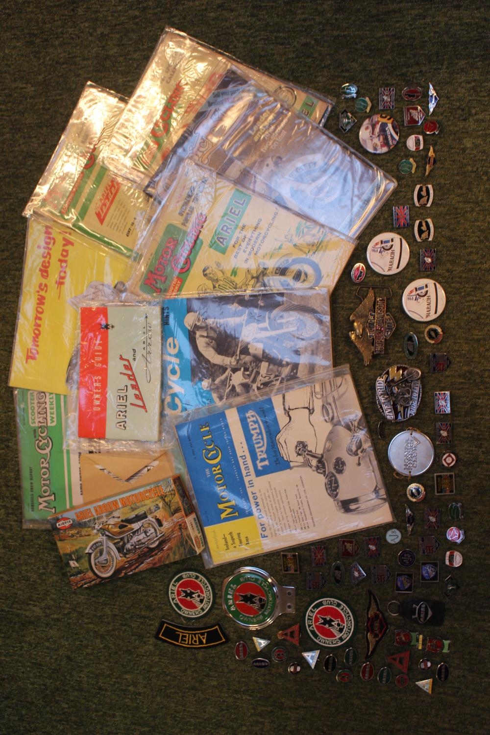 Collection of assorted Motorcycle related items inc,. Ephemera, Air Fix Model, Badges, Belt Buckles.