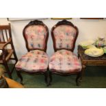 Pair of 19thC Mahogany framed carved back chairs with upholstered seats and backs