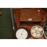 Oak Carved wall barometer, Walnut cased box on brass paw feet and a collection of Porcelain Knobs