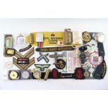 Box of assorted Military items inc. Trench Art, Cloth Insignia, Medal Ribbons etc